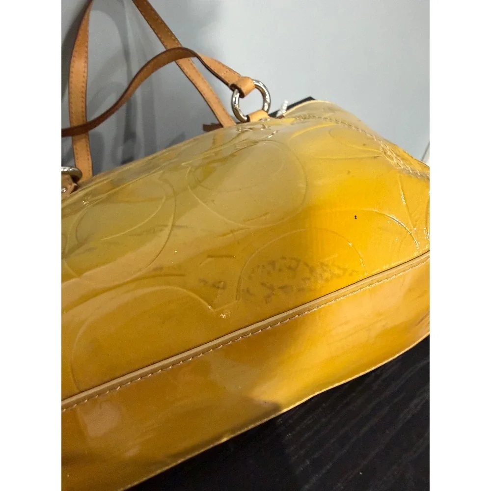 Coach Yellow Embossed Patent Leather Satchel Handbag F14729 with Charm